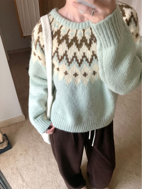 Ženski debeli pleteni pulover s okruglim izrezom, jesen/zima, korejski stil, široki kroj, geometrijski uzorak