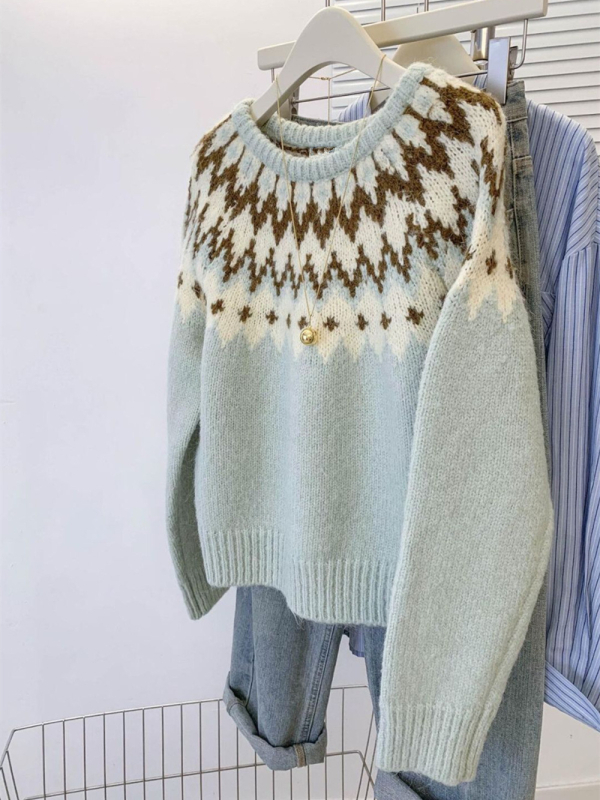 Ženski debeli pleteni pulover s okruglim izrezom, jesen/zima, korejski stil, široki kroj, geometrijski uzorak