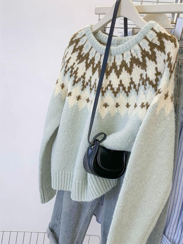Ženski debeli pleteni pulover s okruglim izrezom, jesen/zima, korejski stil, široki kroj, geometrijski uzorak