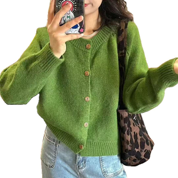 Pleteni kardigan, korejski stil, okrugli izrez, slobodan kroj, dugi rukavi