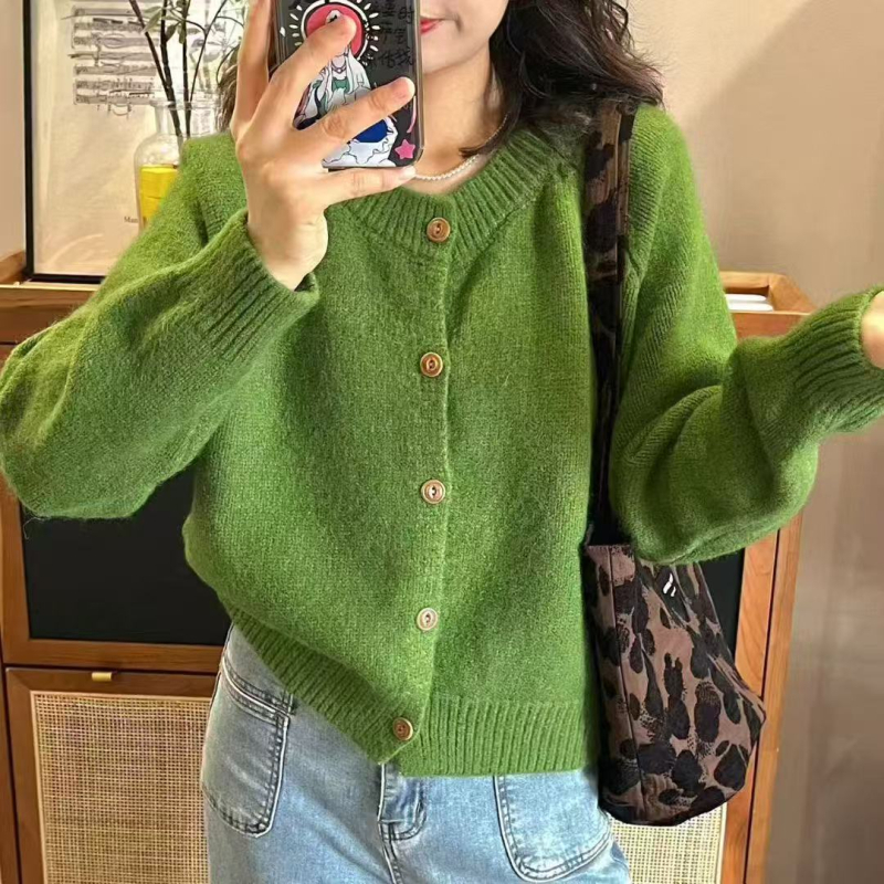 Pleteni kardigan, korejski stil, okrugli izrez, slobodan kroj, dugi rukavi