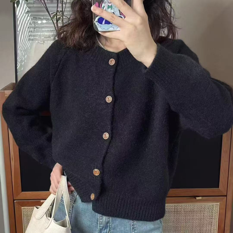 Pleteni kardigan, korejski stil, okrugli izrez, slobodan kroj, dugi rukavi