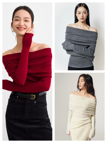 Πλεκτό τοπ με ανοιχτό λαιμό στους ώμους, μαλλί-πολυεστερική σύνθεση (πολυεστέρας 30–50%), εφαρμοστός, μακριά μανίκια, κανονικό μήκος