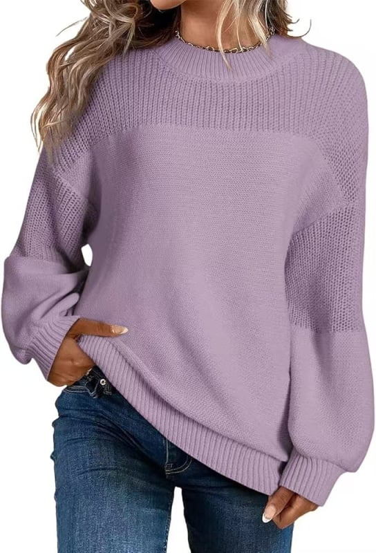 Ženski pleteni pulover s fenjerastim rukavima, okrugli izrez, udoban kroj, akrilna vlakna, gradski stil