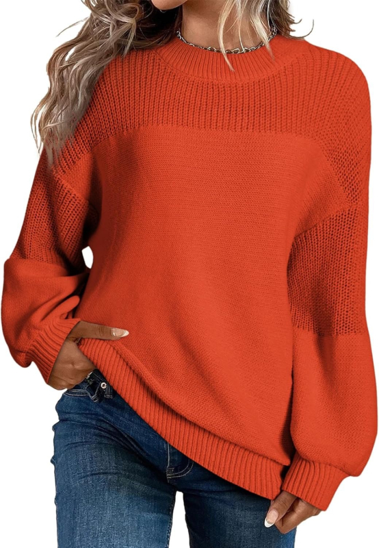 Ženski pleteni pulover s fenjerastim rukavima, okrugli izrez, udoban kroj, akrilna vlakna, gradski stil