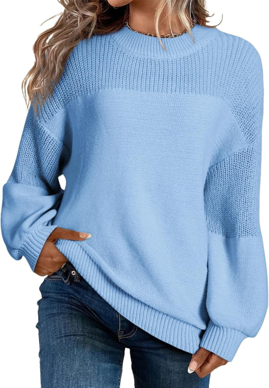 Ženski pleteni pulover s fenjerastim rukavima, okrugli izrez, udoban kroj, akrilna vlakna, gradski stil