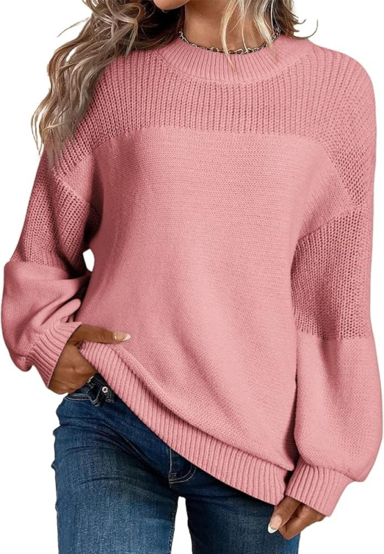 Ženski pleteni pulover s fenjerastim rukavima, okrugli izrez, udoban kroj, akrilna vlakna, gradski stil