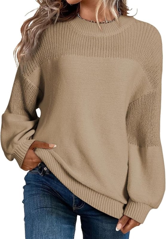 Ženski pleteni pulover s fenjerastim rukavima, okrugli izrez, udoban kroj, akrilna vlakna, gradski stil