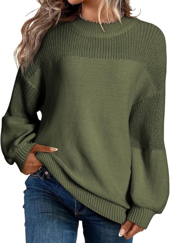 Ženski pleteni pulover s fenjerastim rukavima, okrugli izrez, udoban kroj, akrilna vlakna, gradski stil