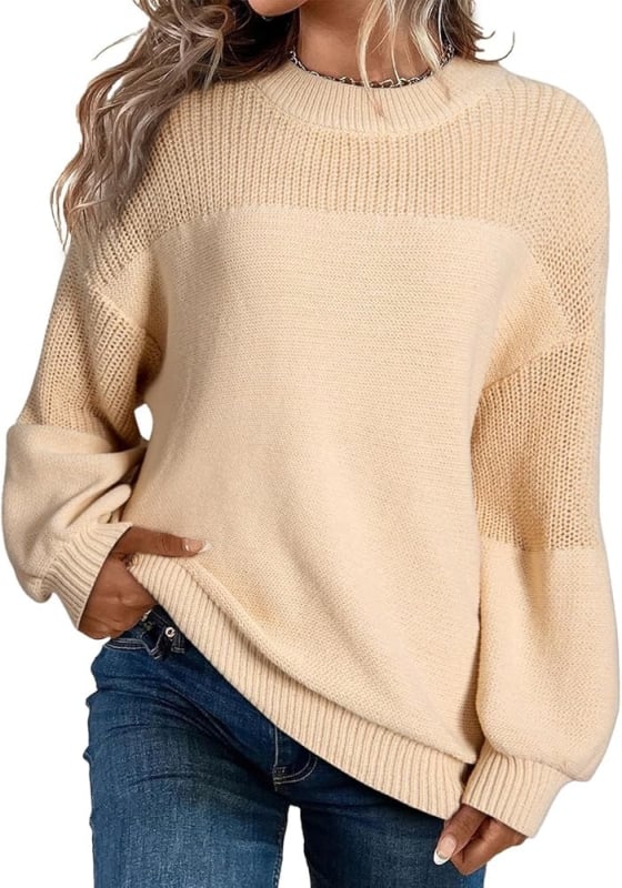 Ženski pleteni pulover s fenjerastim rukavima, okrugli izrez, udoban kroj, akrilna vlakna, gradski stil
