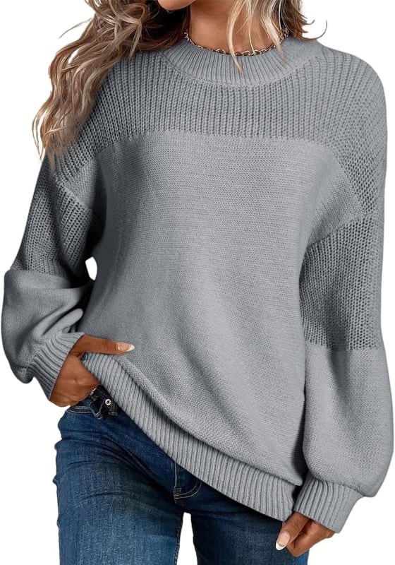 Ženski pleteni pulover s fenjerastim rukavima, okrugli izrez, udoban kroj, akrilna vlakna, gradski stil