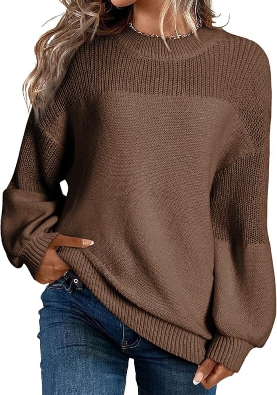 Ženski pleteni pulover s fenjerastim rukavima, okrugli izrez, udoban kroj, akrilna vlakna, gradski stil