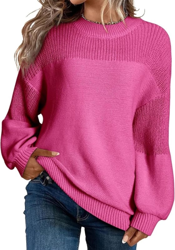 Ženski pleteni pulover s fenjerastim rukavima, okrugli izrez, udoban kroj, akrilna vlakna, gradski stil
