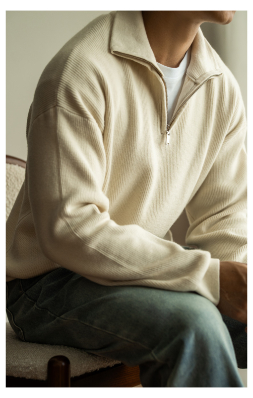 Férfi gyapjúkeverék pulóver, Slim fit, cipzárral és Half-Turtleneck gallérral, kötött