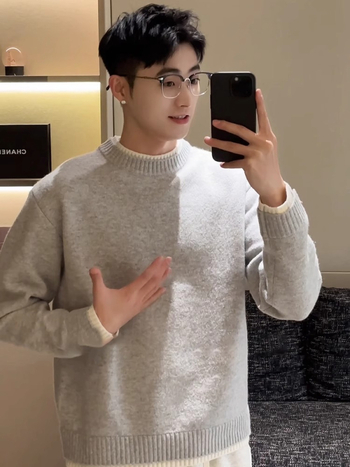 Sivi muški džemper s efektom dvostrukog izgleda, jesen-zima, korejski stil, pleteni komad, topao