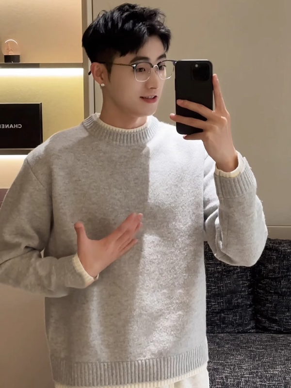 Sivi muški džemper s efektom dvostrukog izgleda, jesen-zima, korejski stil, pleteni komad, topao