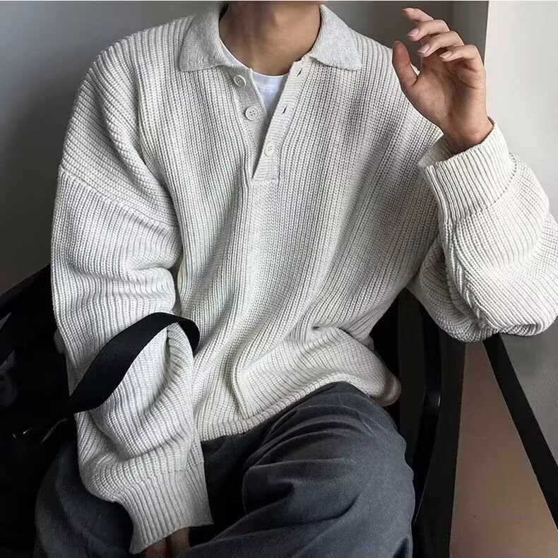 Muški pulover s polo ovratnikom, japanski retro stil, slobodan kroj, dugi rukavi, 68% poliester u smjesi