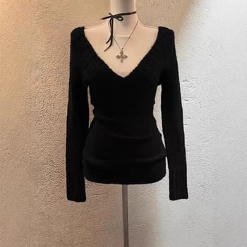 Prugasti džemper s V-izrezom, Harajuku stil, uži kroj, dugi rukavi