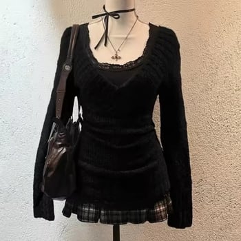 Prugasti džemper s V-izrezom, Harajuku stil, uži kroj, dugi rukavi