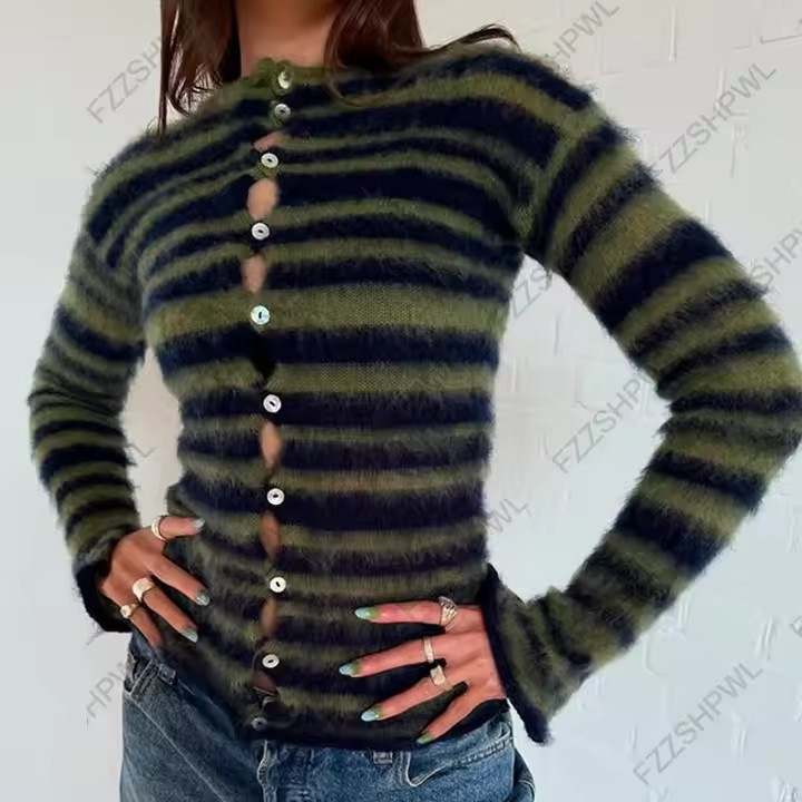 Prugasti džemper s V-izrezom, Harajuku stil, uži kroj, dugi rukavi