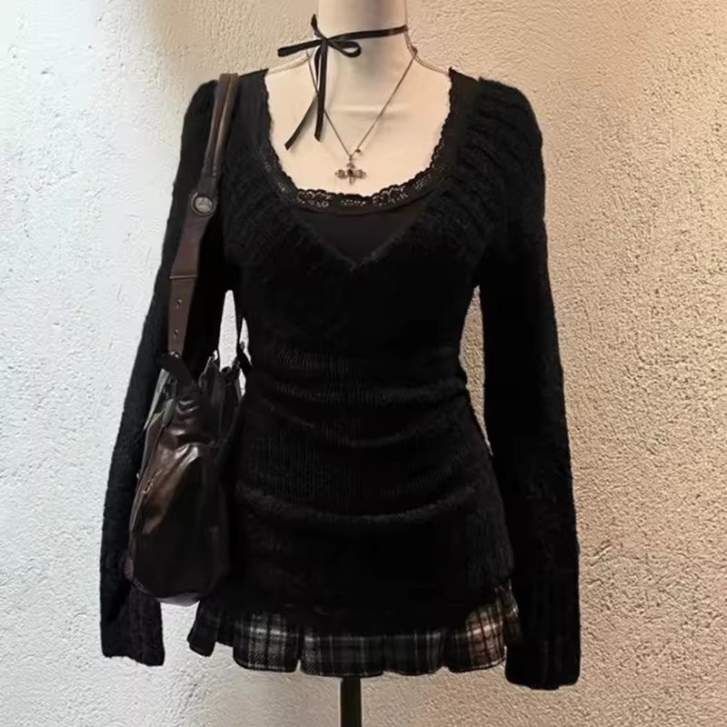 Prugasti džemper s V-izrezom, Harajuku stil, uži kroj, dugi rukavi