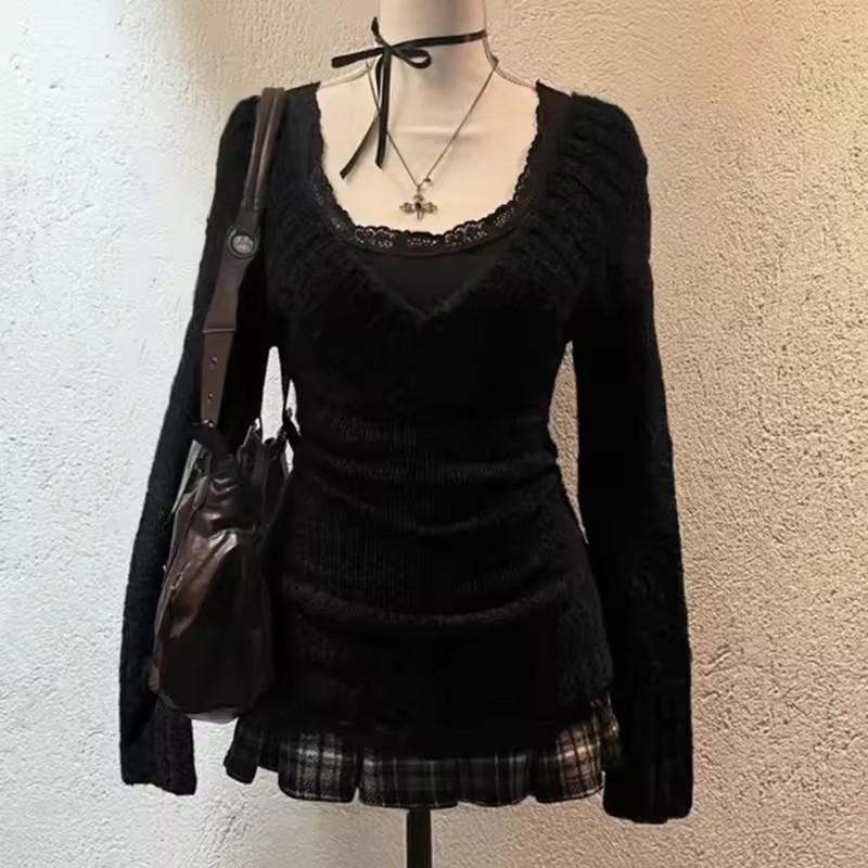 Prugasti džemper s V-izrezom, Harajuku stil, uži kroj, dugi rukavi