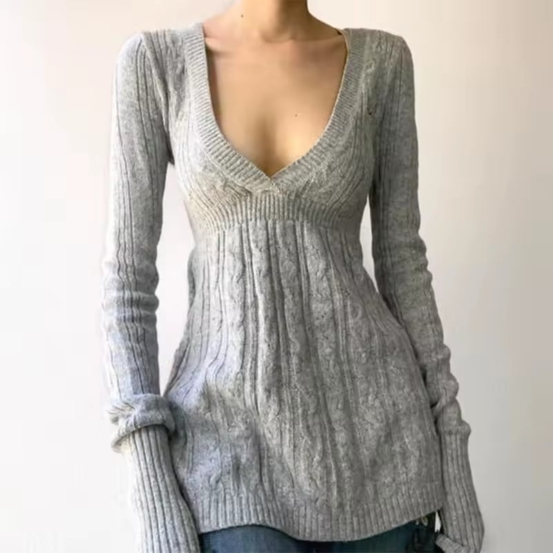 Prugasti džemper s V-izrezom, Harajuku stil, uži kroj, dugi rukavi