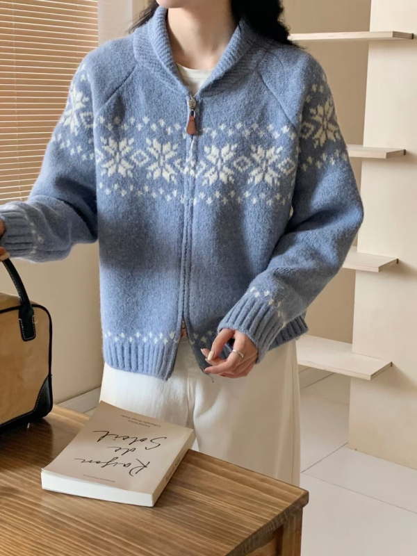 Ženski kardigan s zipom, Nordic Fair Isle jacquard pletenina, poliester-spandeks materijal, okrugli ovratnik, slobodan kroj