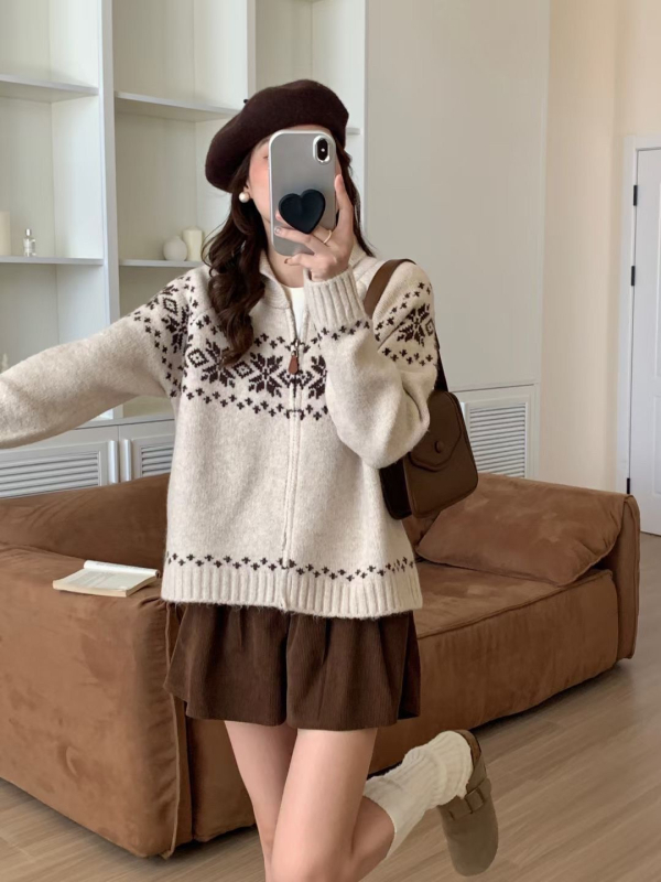 Ženski kardigan s zipom, Nordic Fair Isle jacquard pletenina, poliester-spandeks materijal, okrugli ovratnik, slobodan kroj