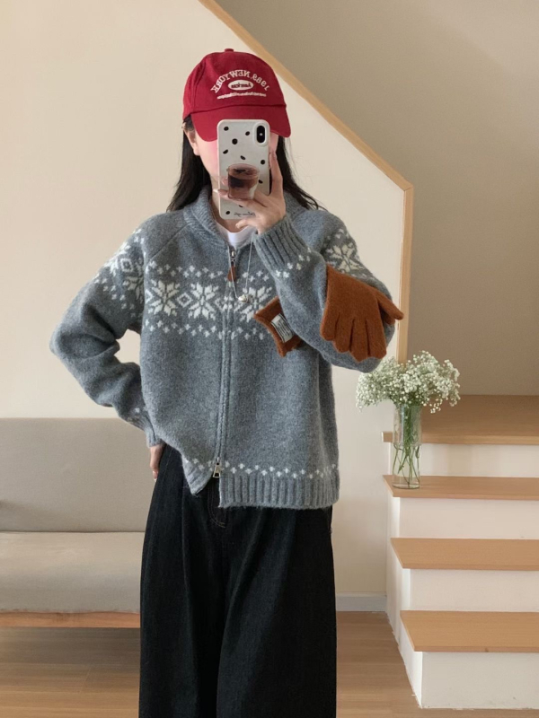 Ženski kardigan s zipom, Nordic Fair Isle jacquard pletenina, poliester-spandeks materijal, okrugli ovratnik, slobodan kroj