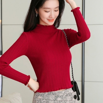 Ženski pulover s polu-visokim ovratnikom, uski kroj, dugi rukavi u stilu princeze, pleteni materijal Ice Silk-Polyester, duljina 50–65 cm, proljeće 2025