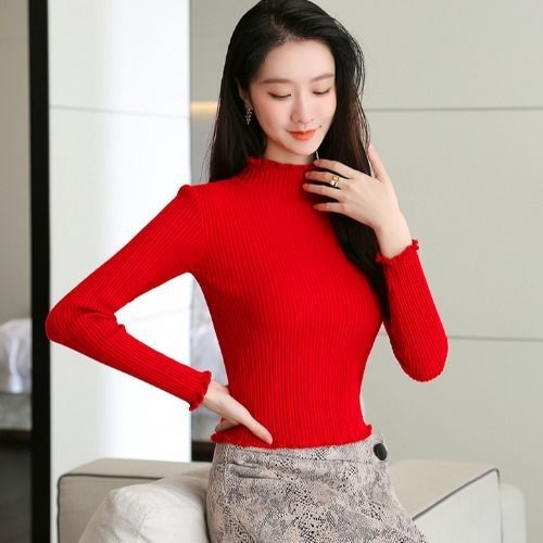 Ženski pulover s polu-visokim ovratnikom, uski kroj, dugi rukavi u stilu princeze, pleteni materijal Ice Silk-Polyester, duljina 50–65 cm, proljeće 2025