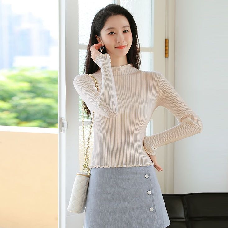 Ženski pulover s polu-visokim ovratnikom, uski kroj, dugi rukavi u stilu princeze, pleteni materijal Ice Silk-Polyester, duljina 50–65 cm, proljeće 2025