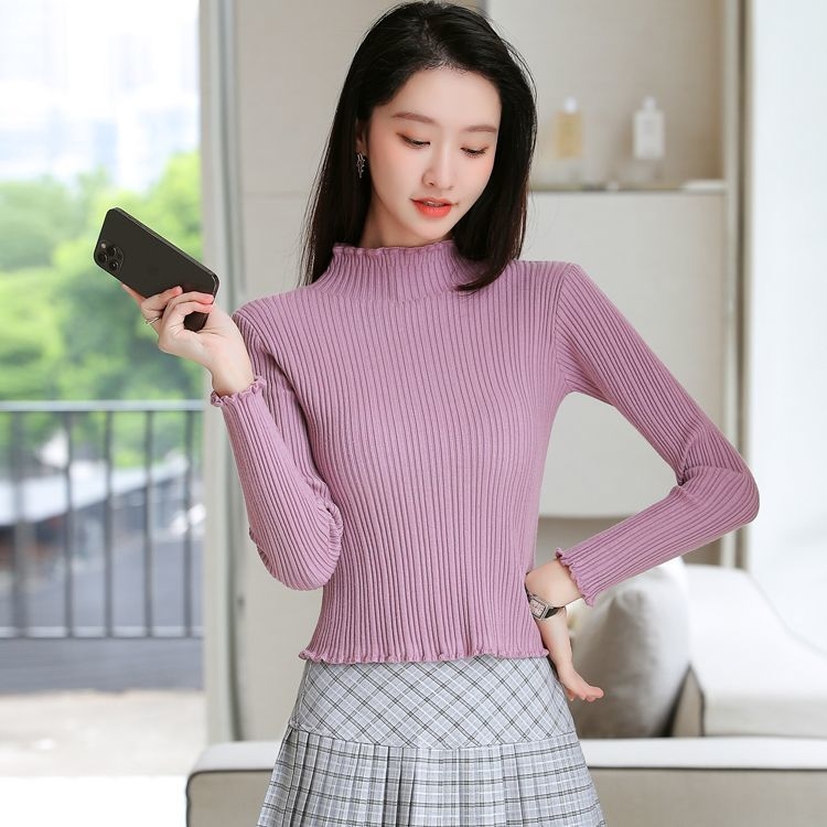Ženski pulover s polu-visokim ovratnikom, uski kroj, dugi rukavi u stilu princeze, pleteni materijal Ice Silk-Polyester, duljina 50–65 cm, proljeće 2025