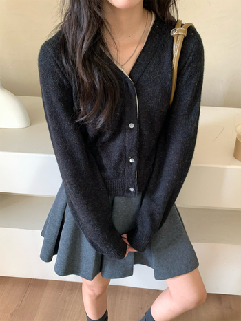 Ženski kardigan s V izrezom, ležernog korejskog stila, pleteni vuneni materijal s akrilom 50–70% i najlonom 30–50%, dugi rukavi, jednobrodno kopčanje
