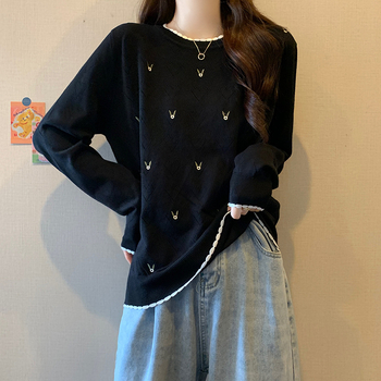 Sveter s dierovanou pleteninou, voľný strih, okrúhly výstrih, dlhé rukávy, dĺžka 50–65 cm, Mercerizovaná bavlna a polyester