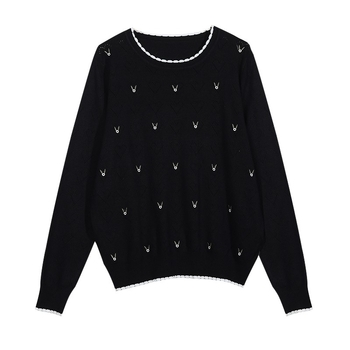 Sveter s dierovanou pleteninou, voľný strih, okrúhly výstrih, dlhé rukávy, dĺžka 50–65 cm, Mercerizovaná bavlna a polyester