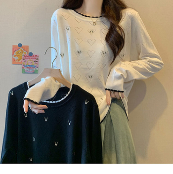 Sveter s dierovanou pleteninou, voľný strih, okrúhly výstrih, dlhé rukávy, dĺžka 50–65 cm, Mercerizovaná bavlna a polyester