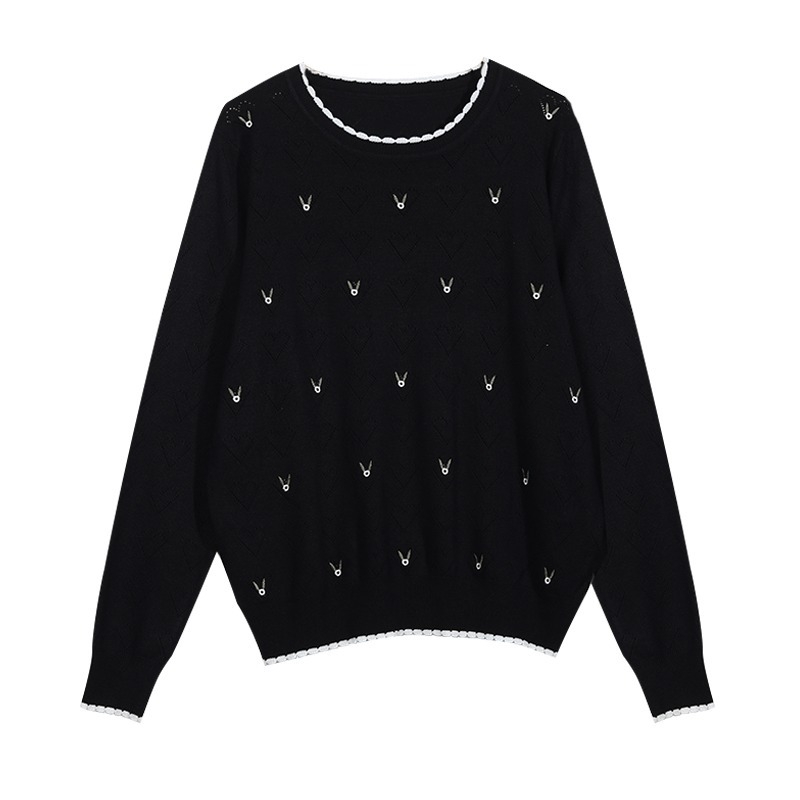 Sveter s dierovanou pleteninou, voľný strih, okrúhly výstrih, dlhé rukávy, dĺžka 50–65 cm, Mercerizovaná bavlna a polyester