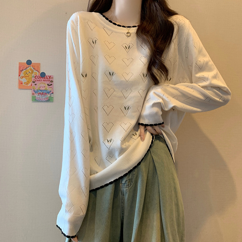 Sveter s dierovanou pleteninou, voľný strih, okrúhly výstrih, dlhé rukávy, dĺžka 50–65 cm, Mercerizovaná bavlna a polyester