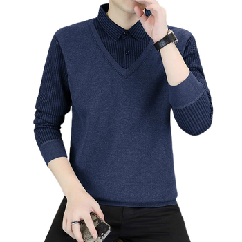 Férfi koreai stílusú pulóver kerek nyakkal, laza szabású, Vinylon anyagú szövet, kontrasztos részletekkel