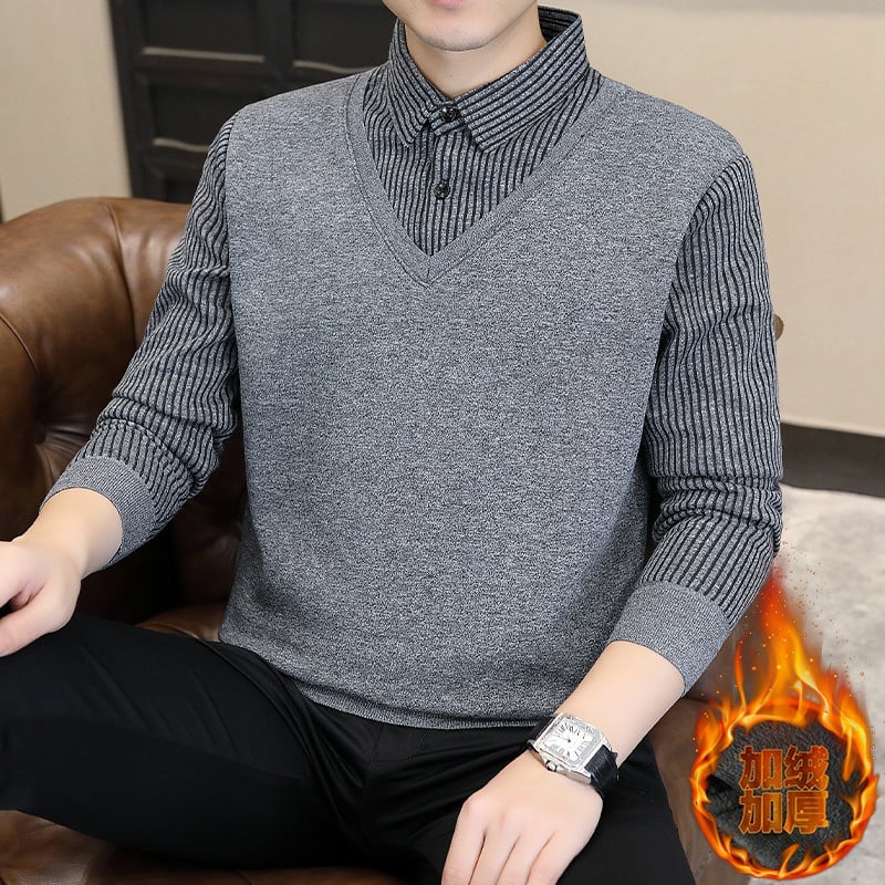 Férfi koreai stílusú pulóver kerek nyakkal, laza szabású, Vinylon anyagú szövet, kontrasztos részletekkel