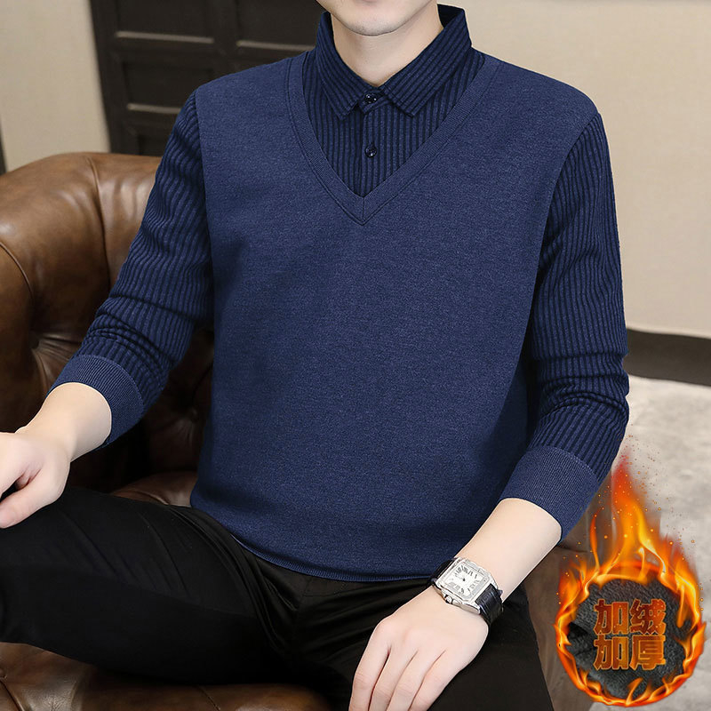 Férfi koreai stílusú pulóver kerek nyakkal, laza szabású, Vinylon anyagú szövet, kontrasztos részletekkel