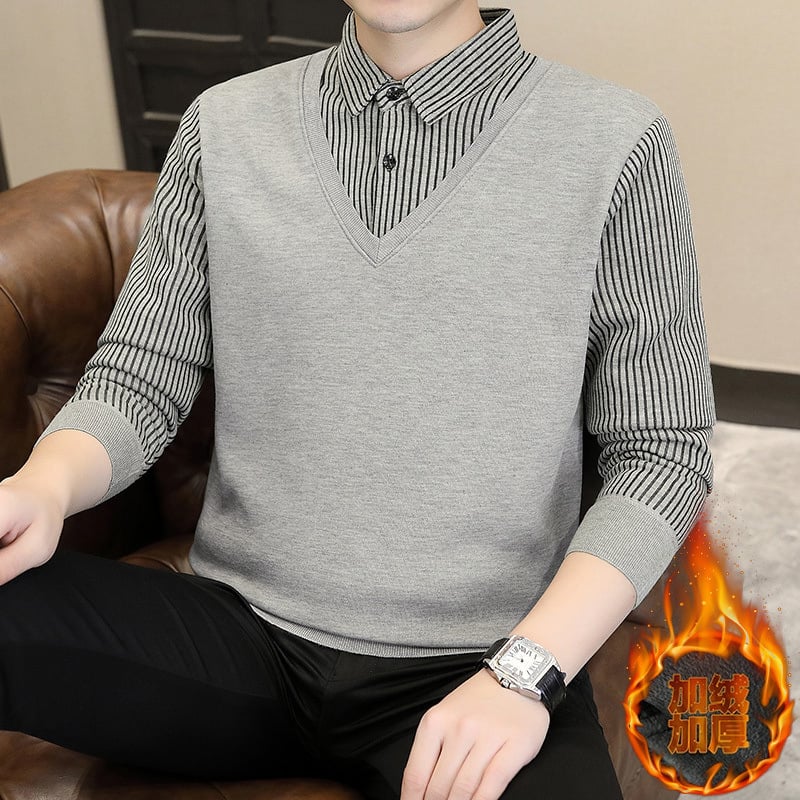 Férfi koreai stílusú pulóver kerek nyakkal, laza szabású, Vinylon anyagú szövet, kontrasztos részletekkel