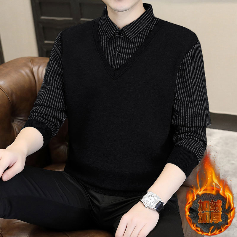 Férfi koreai stílusú pulóver kerek nyakkal, laza szabású, Vinylon anyagú szövet, kontrasztos részletekkel