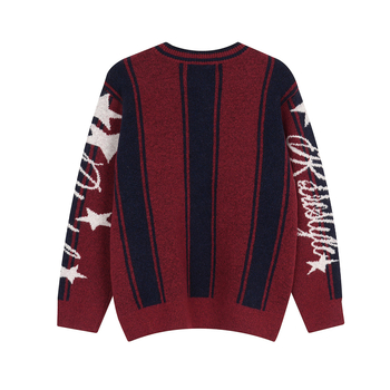 V-nyakú kötött pulóver csíkos jacquard mintával, lazára szabott, pamut keverék anyag