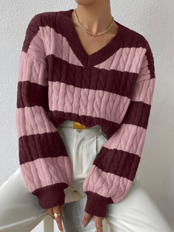 Pulover s V-izrezom, prugasti žakardni pleteni, labav kroj