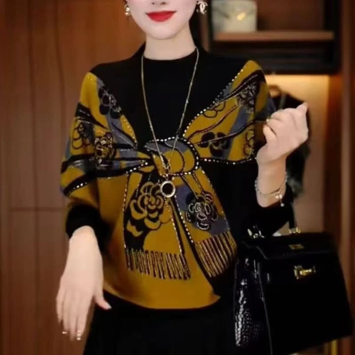 Kétoldalas bársony pulóver nőknek geometriai mintával, hosszú ujjú, középmagas hosszúságú, poliészter 90–95%