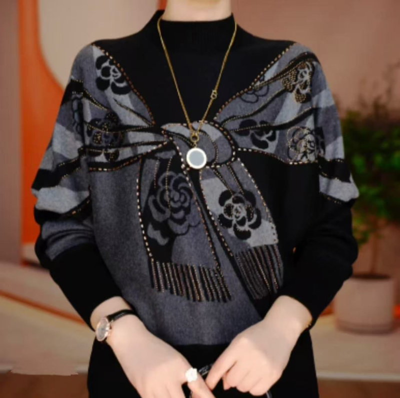 Kétoldalas bársony pulóver nőknek geometriai mintával, hosszú ujjú, középmagas hosszúságú, poliészter 90–95%