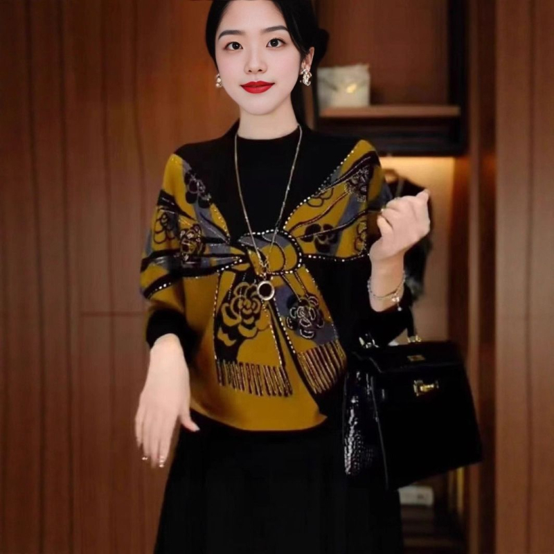 Kétoldalas bársony pulóver nőknek geometriai mintával, hosszú ujjú, középmagas hosszúságú, poliészter 90–95%